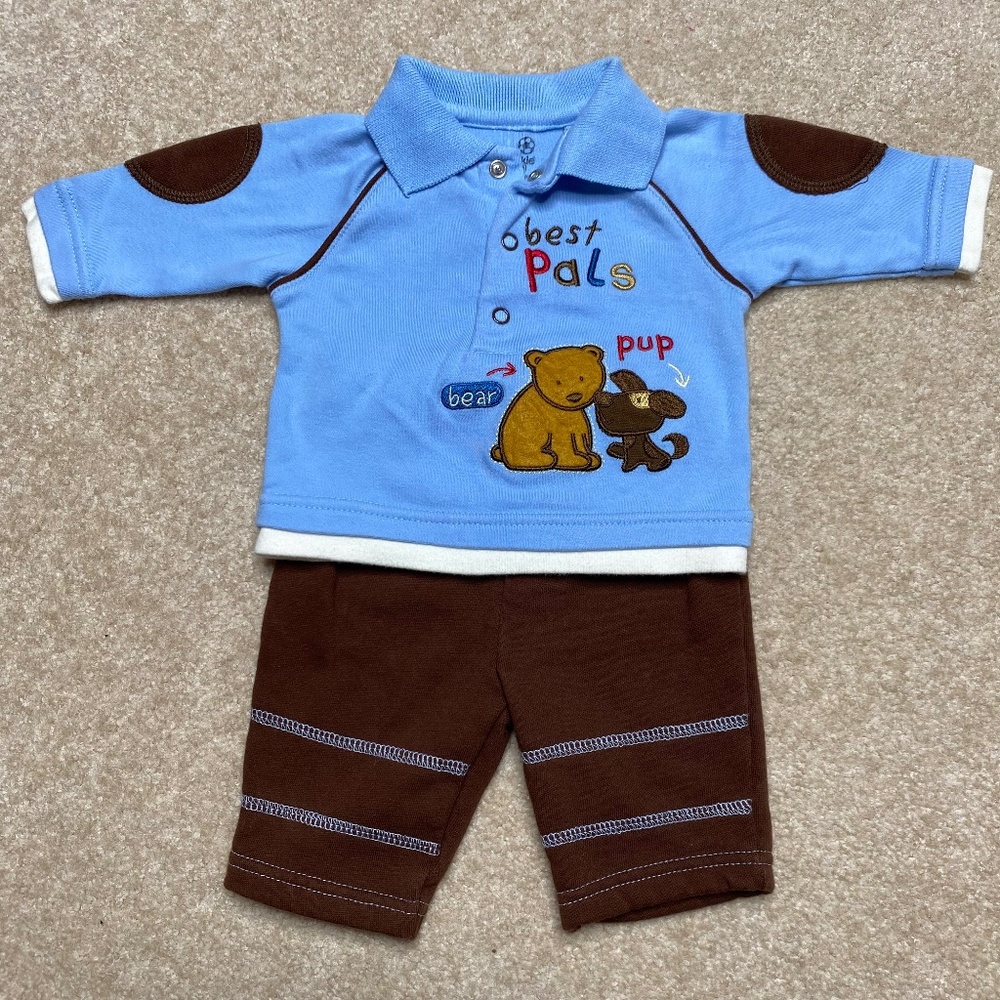 Vintage okie Dokie twotwo-piece blue and brown boys outfit size NB